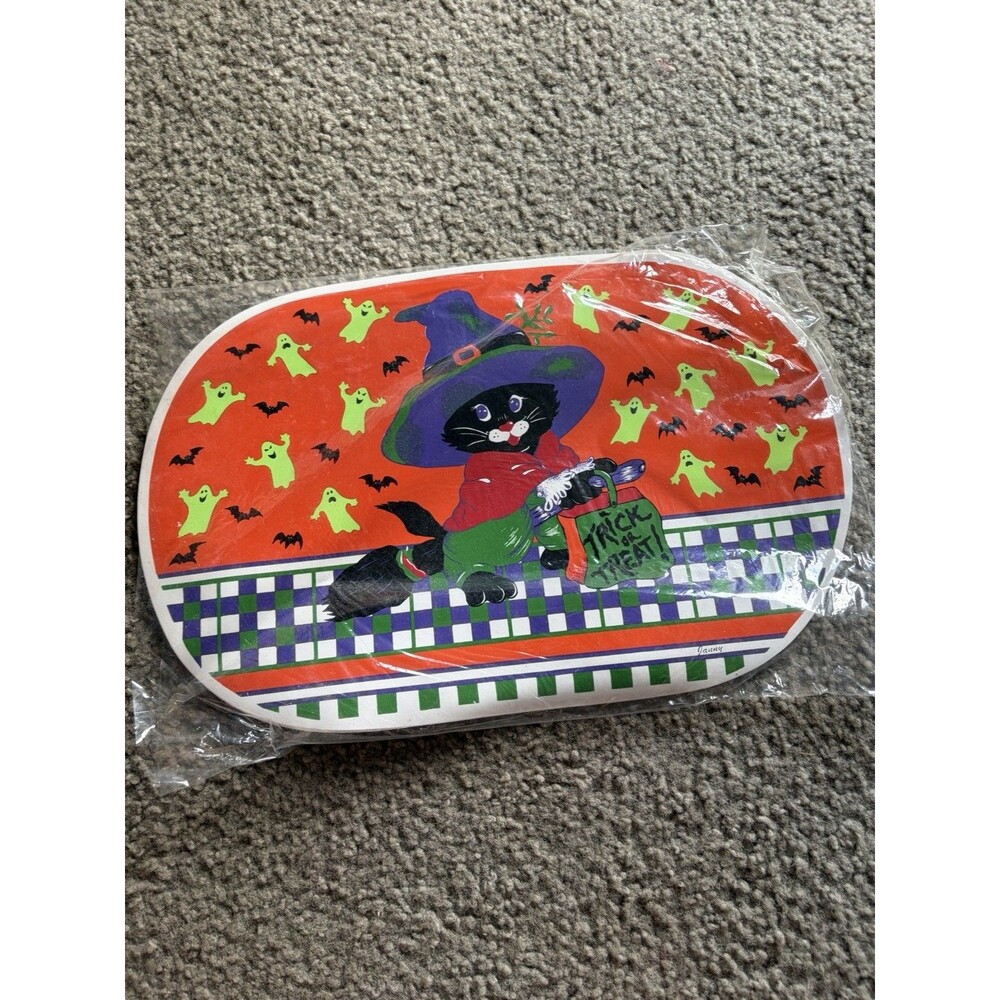 NOS Halloween 90s Glow In The Dark Placemats Witch Cat Set Of 4 Vinyl Mats NEW
